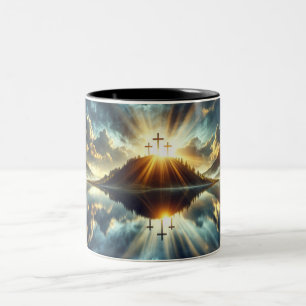 Three Crosses at a Lake Two-Tone Coffee Mug