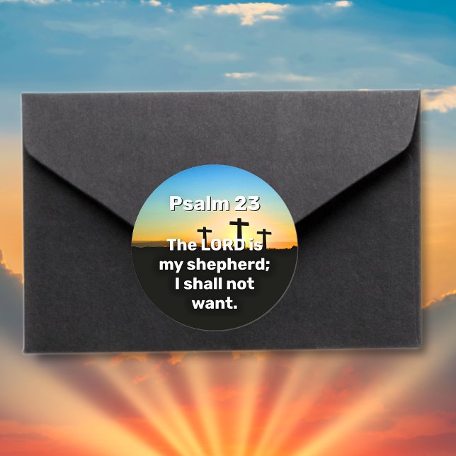 Three Crosses Psalm 23 Sunset Bible Verse Classic Round Sticker (Creator Uploaded)