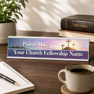 Three Crosses Sunset Church Pastor Door Sign
