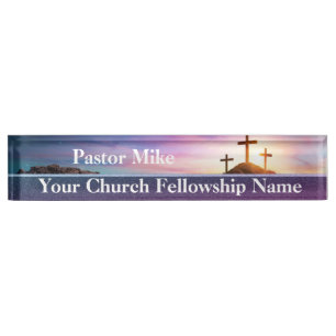 Three Crosses Sunset Church Pastor Nameplate