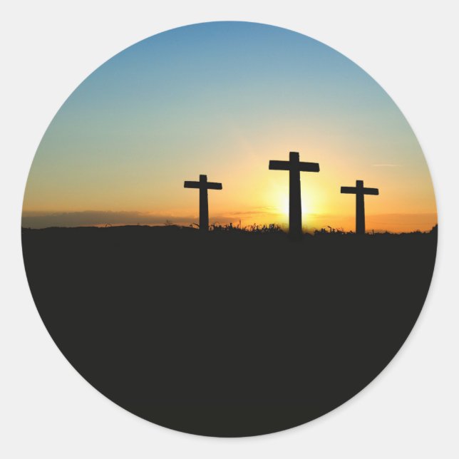 Three Crosses Sunset Jesus Stickers (Front)