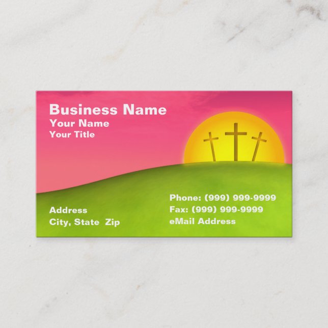 Three Crucifixes on Hill Against Beautiful Sunset Business Card (Front)