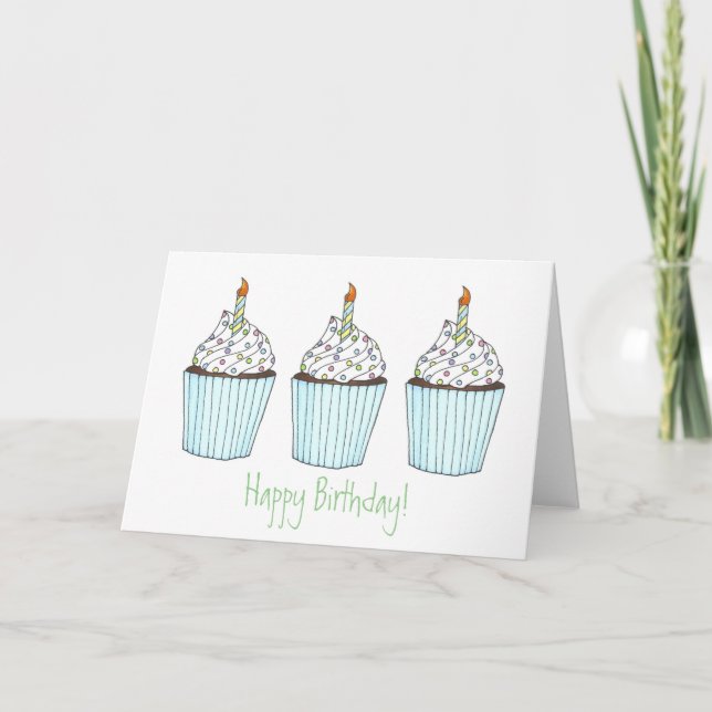 Three Cupcakes w/ Candle Happy Birthday Cake Cards (Front)
