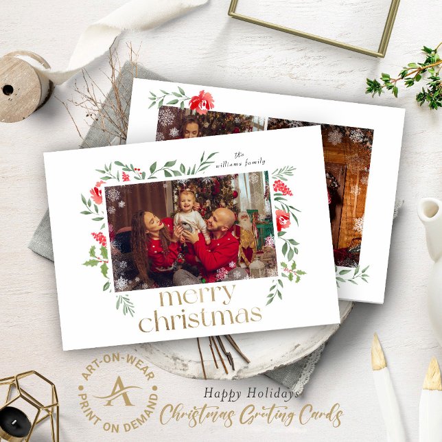 Three Custom Photos Gold Merry Christmas Frame Invitation (Creator Uploaded)