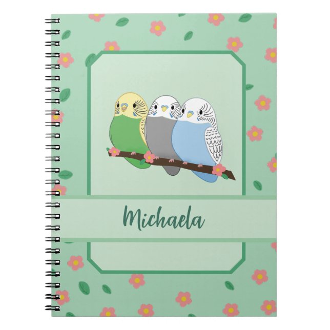 Three Cute Budgies Floral Cherry Spiral Notebook (Front)