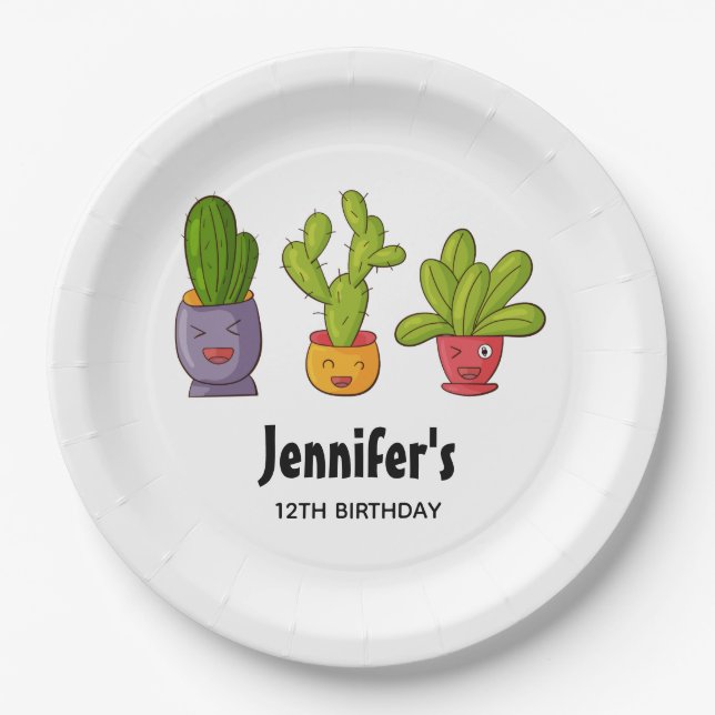 Three Cute Cactus in Flower Pots Fun Birthday Paper Plate (Front)
