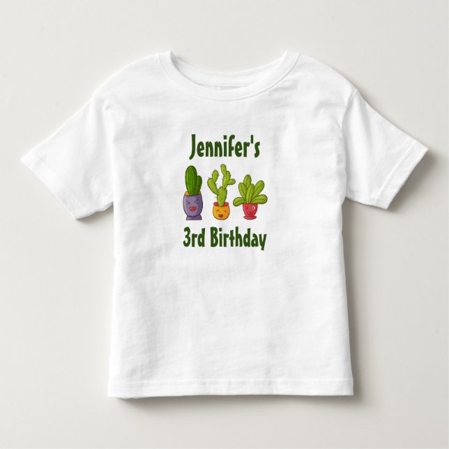 Three Cute Cactus in Flower Pots Fun Birthday Toddler T-Shirt (Front)