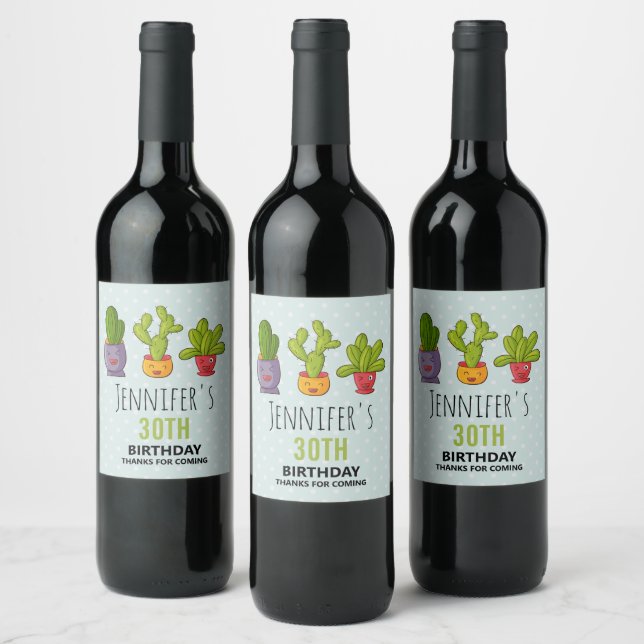 Three Cute Cactus in Flower Pots Fun Birthday Wine Label (Bottles)