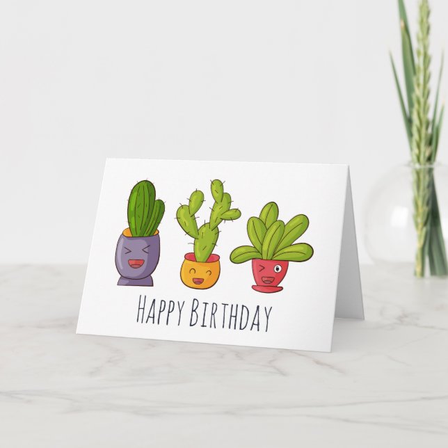 Three Cute Cactus in Flower Pots Fun Illustration Card (Front)