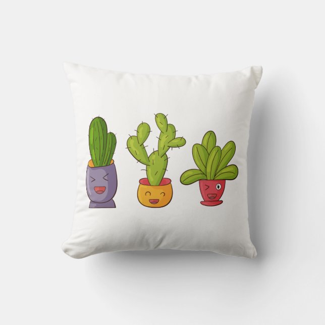 Three Cute Cactus in Flower Pots Fun Illustration Cushion (Front)