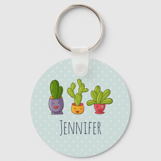 Three Cute Cactus in Flower Pots Fun Illustration Key Ring (Front)