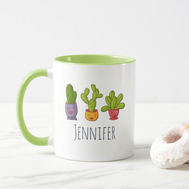 Three Cute Cactus in Flower Pots Fun Illustration Mug (With Donut)