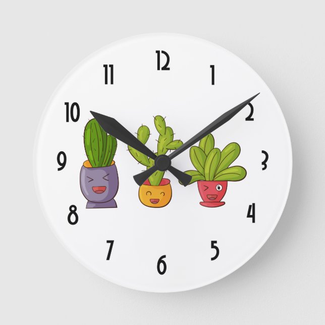 Three Cute Cactus in Flower Pots Fun Illustration Round Clock (Front)