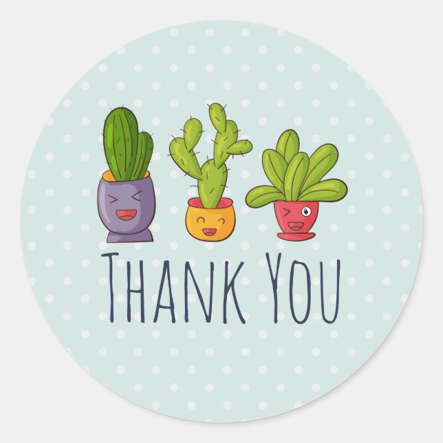 Three Cute Cactus in Flower Pots Fun Thank You Classic Round Sticker (Front)