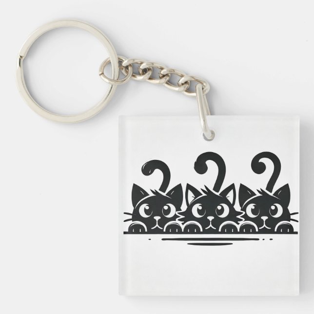 Three Cute Cartoon Cats with Large Eyes Key Ring (Front)