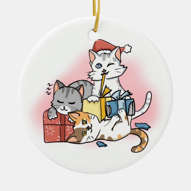 Three Cute Cartoon Christmas Kittens unwrap Gifts  Ceramic Ornament (Front)