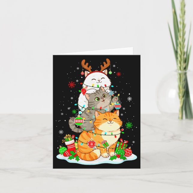 Three Cute Cats Reindeer Colourful Christmas Light Card (Front)