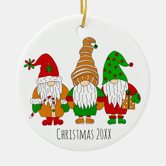 Three Cute Christmas Gnomes Personalised Holiday Ceramic Ornament (Front)