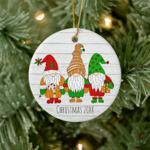 Three Cute Christmas Gnomes Personalised Holiday Ceramic Ornament