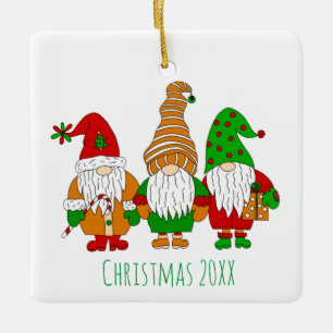 Three Cute Christmas Gnomes Personalised Holiday Ceramic Ornament