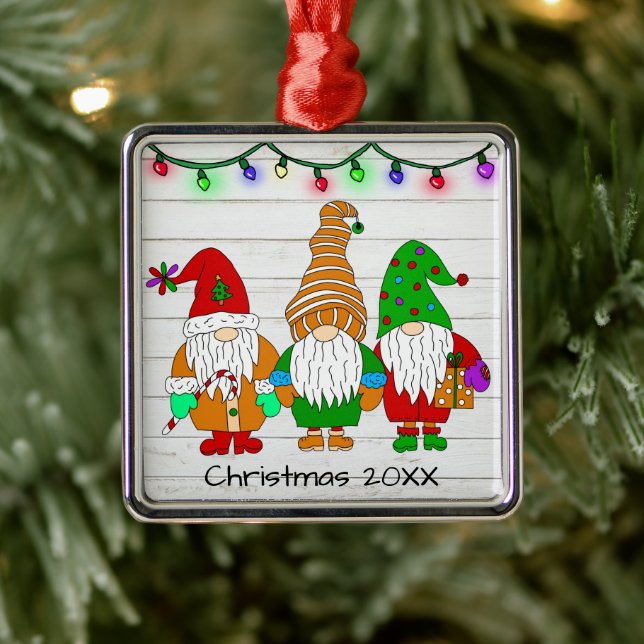 Three Cute Christmas Gnomes Personalised Holiday  Metal Ornament (Tree)