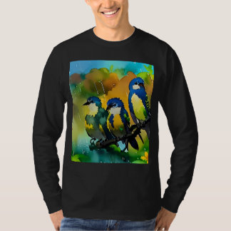 Three Cute Colourful Birds In Rain Watercolor Art T-Shirt