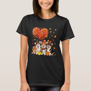 Three Cute Corgis Thanksgiving Fall Tree Pumpkins T-Shirt