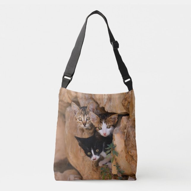 Three Cute Curious Cat Kittens Funny Photo - on Crossbody Bag (Front)