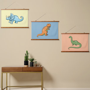Three Cute Dinosaurs Illustrations Colourful Hanging Tapestry
