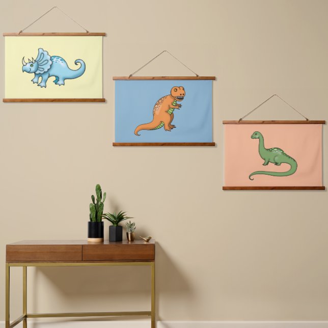 Three Cute Dinosaurs Illustrations Colourful Hanging Tapestry (Asymmetrical)