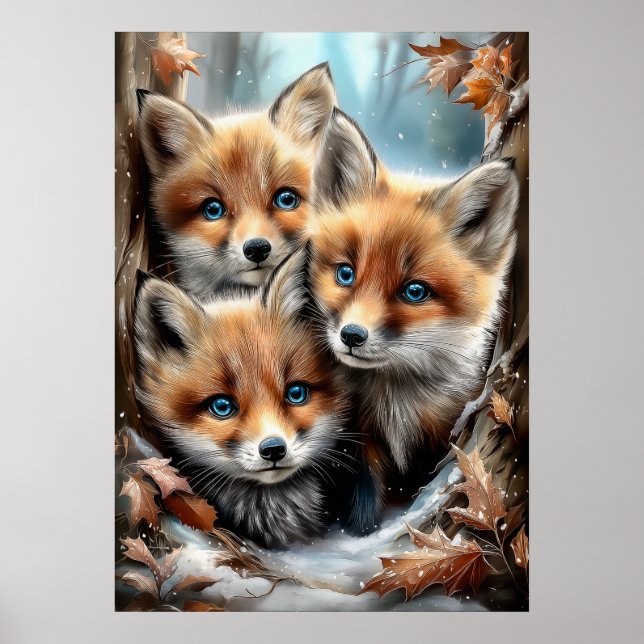 Three Cute Fox Cubs in Forest Poster (Front)