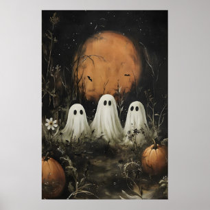 Three Cute Ghosts In Woods – Pumpkin Moonlight Poster