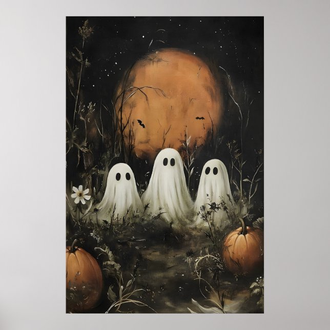Three Cute Ghosts In Woods – Pumpkin Moonlight Poster (Front)