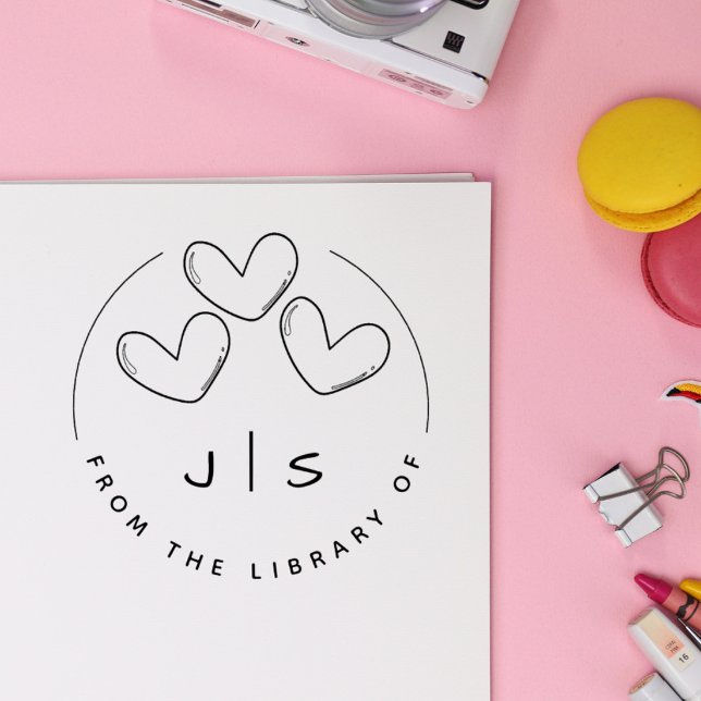 Three Cute Hearts Custom Initials Library Book Rubber Stamp (Creator Uploaded)
