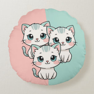 Three Cute Kawai Cats Round Cushion