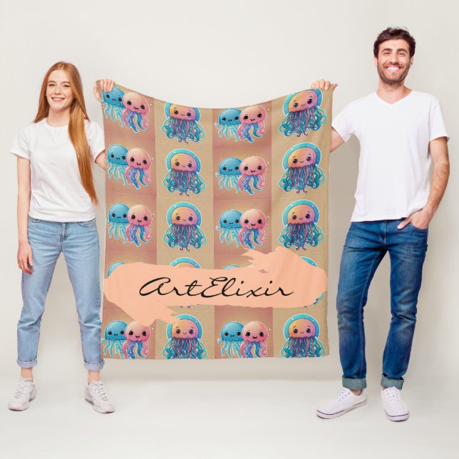 Three Cute Kawaii Jellyfish Fleece Blanket (In Situ)