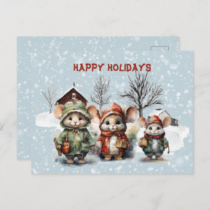 Three Cute Litte Mice At the Farm Happy Holidays Holiday Postcard