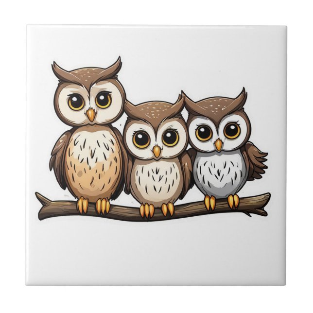 Three Cute Little Owl Ceramic Tile (Front)