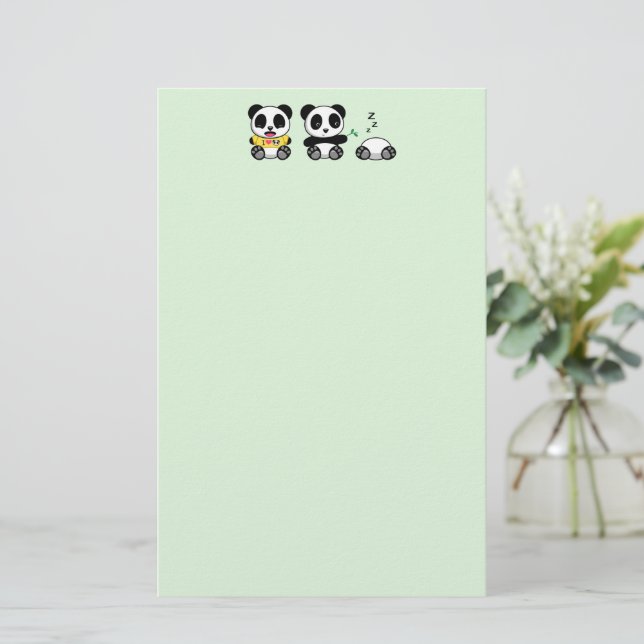 Three Cute Little Pandas on Green Stationery (Standing Front)