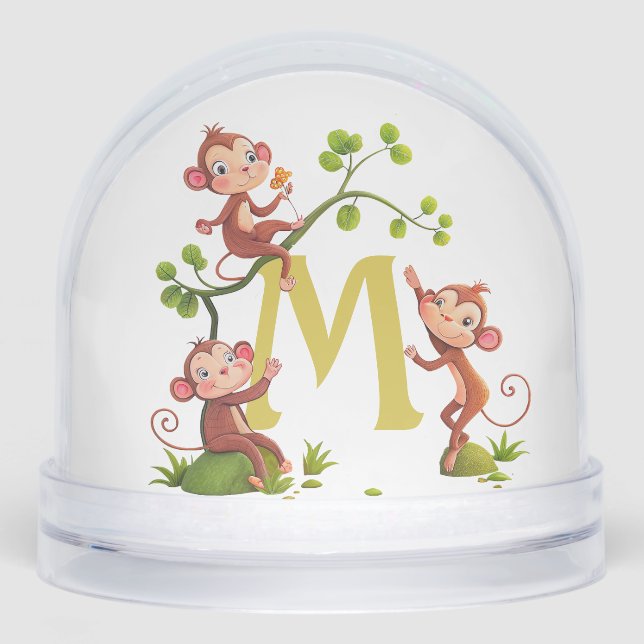 Three Cute Lucky Monkeys and Monogram Snowglobe (Front)
