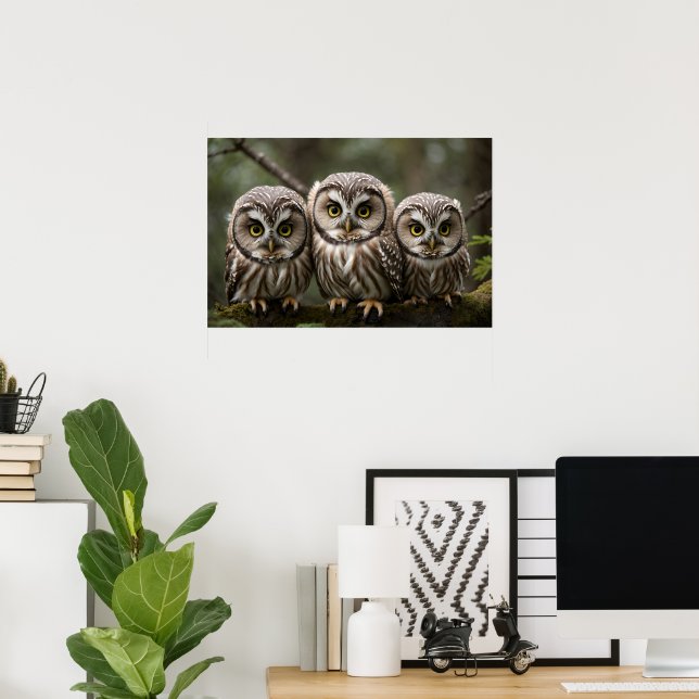 Three Cute Northern Saw-whet Owlets Poster (Home Office)