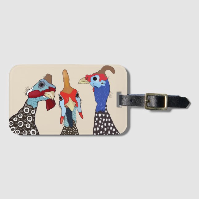 Three Cute Patterned Guinea Fowl Birds Luggage Tag (Front Horizontal)