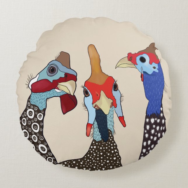 Three Cute Patterned Guinea Fowl Birds Round Cushion (Front)