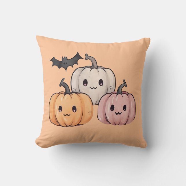 Three Cute Pumpkins Light Orange Halloween Cushion (Front)