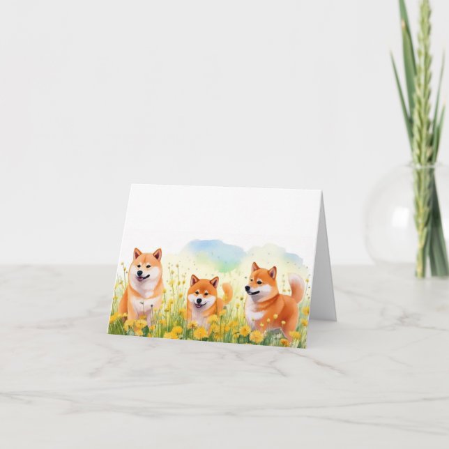 three cute shiba inus and dandelions greeting card (Front)