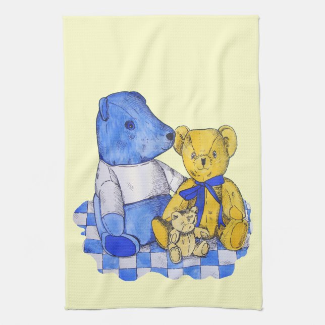 three cute teddies on picnic cloth original art (Vertical)