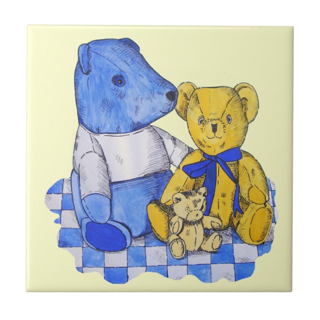 three cute teddies on picnic cloth original art ceramic tile (Front)