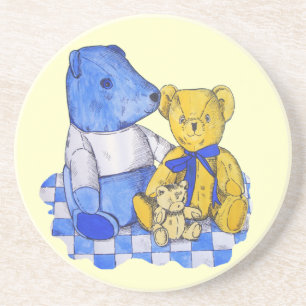 three cute teddies on picnic cloth original art coaster