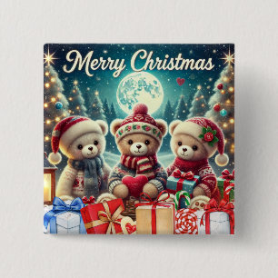 Three Cute Teddy Bears Merry Christmas 15 Cm Square Badge