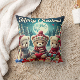 Three Cute Teddy Bears Merry Christmas Cushion